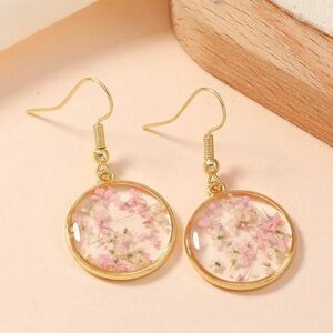 Gold and Pink Floral Dangle Earrings with French Hook Closures